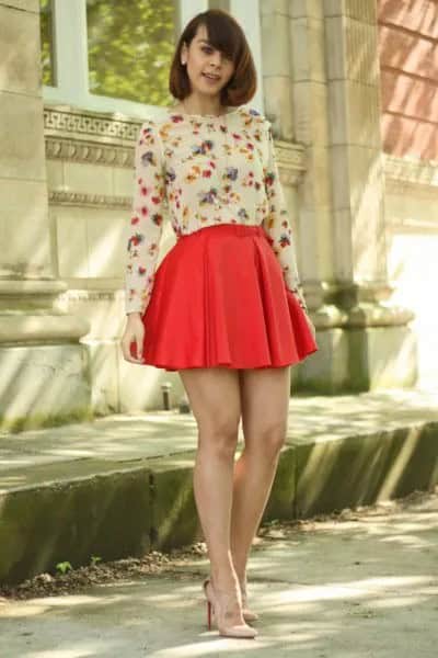 White Floral Long Sleeve Blouse with Red Pleated Mini Skater Skirt