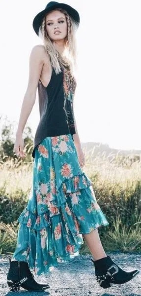 Black Vest Top with Green Floral Printed Bohemian Maxi Skirt