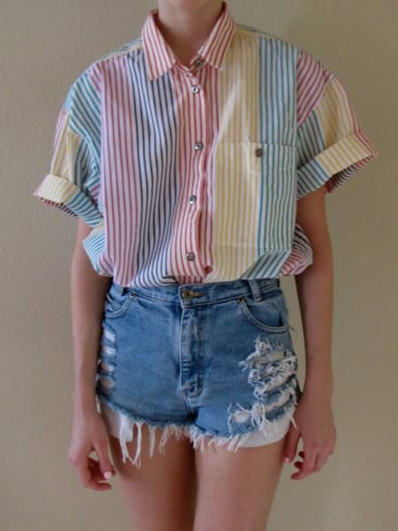 Grey and White Striped Button Up Shirt with Ripped Denim Shorts