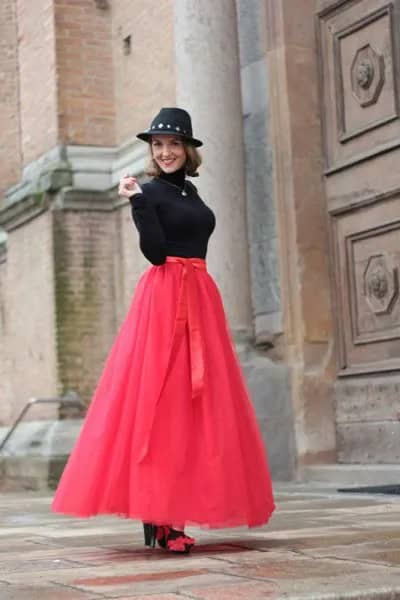 Neon Pink Long Tulle Skirt with Black Sweater & Felt Hat