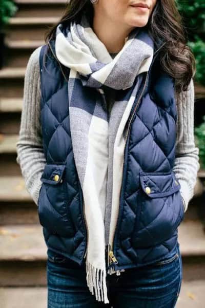 Navy Blue Quilted Down Vest with Grey Ribbed Sweater