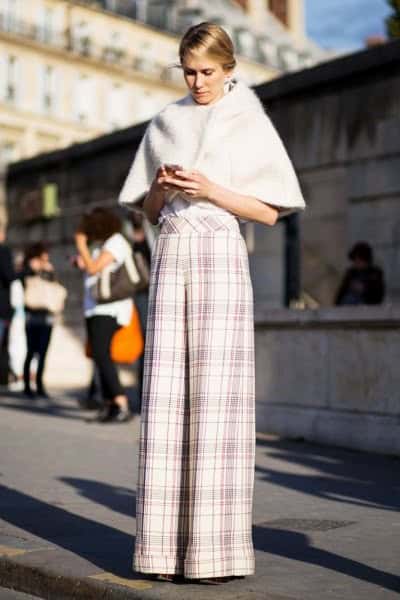 White Faux Fur Cape with Plaid Palazzo Pants