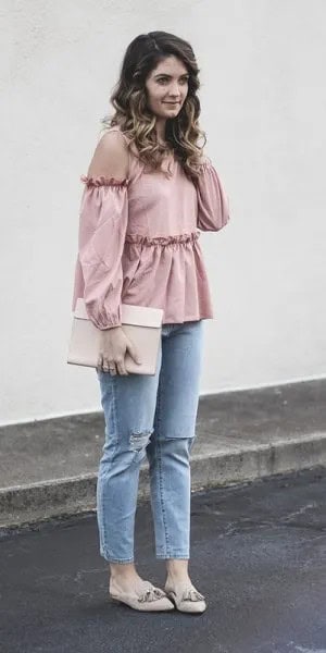 Cold Shoulder Pale Pink Peplum Top with Light Blue Skinny Jeans