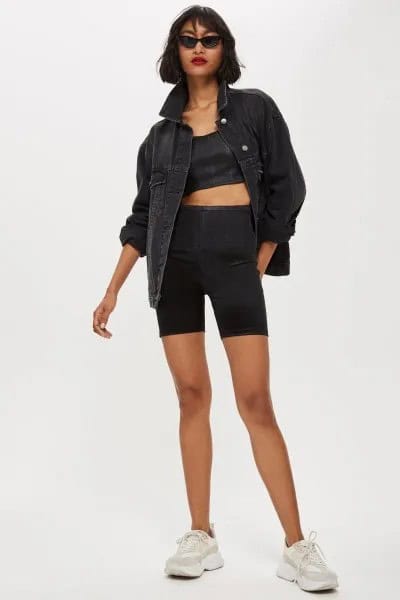 Black Denim Jacket with Crop Top & Matching Cycling Shorts