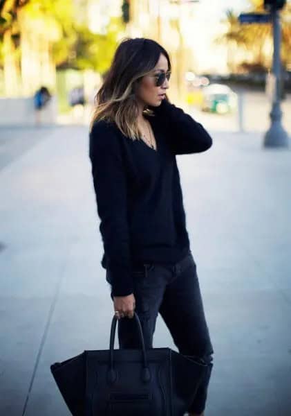 Black Chunky V Neck Knit Sweater with Dark Slim Fit Jeans