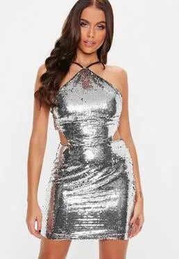 Silver Sequin Halter Neck Mini Bodycon Dress