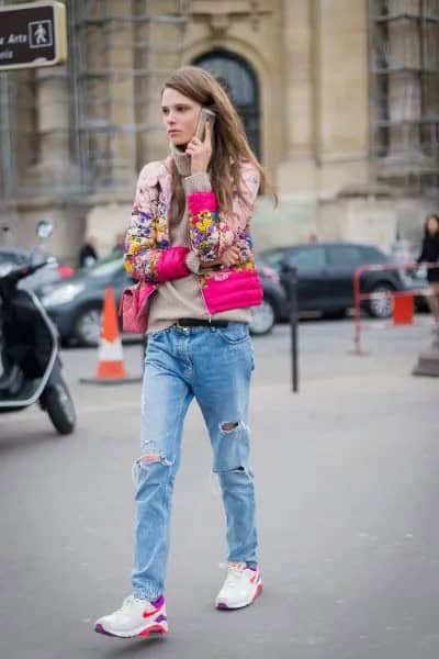 Blush Pink Floral Print Bomber Jacket with Boyfriend Jeans & White Trail Shoes