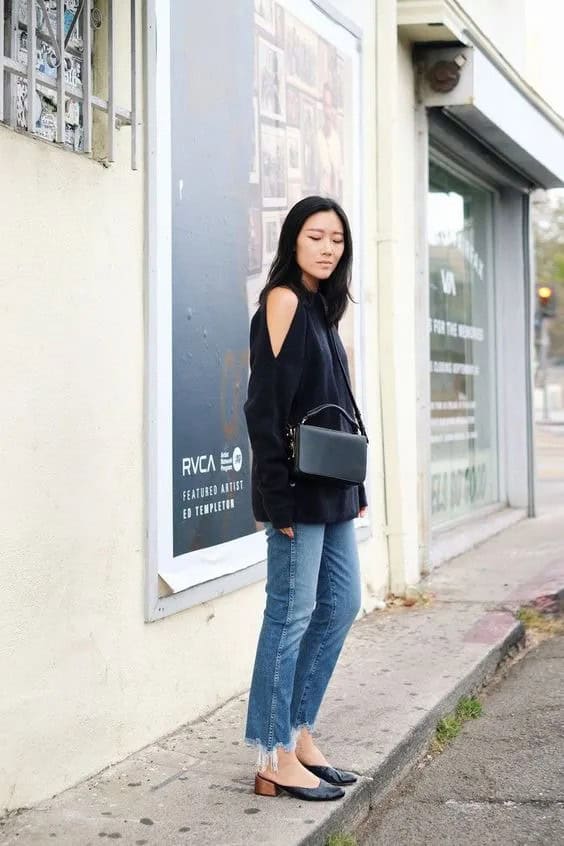 Frayed Hem Jeans and Black Cold Shoulder Sweater