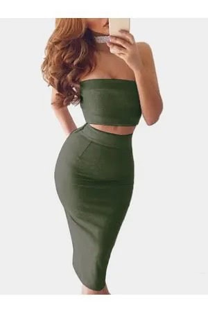 Cropped Tube Top with High Rise Bodycon Midi Skirt