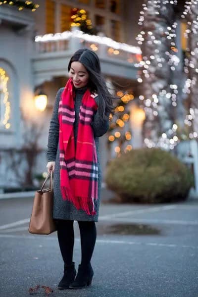 Grey Midi Sweater Dress with Red Scarf