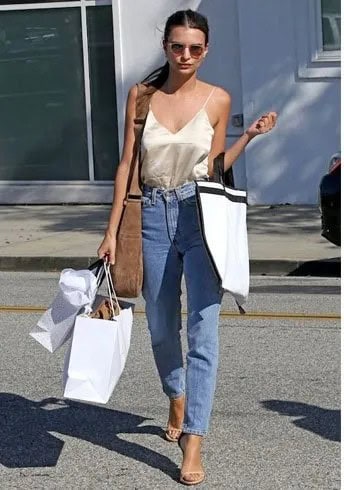 Rose Gold Silk Camisole with Blue High Rise Boyfriend Jeans & Heels