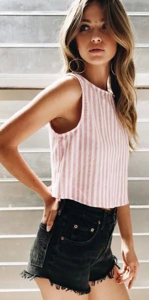 White and Grey Vertical Striped Sleeveless Top with Black Shorts