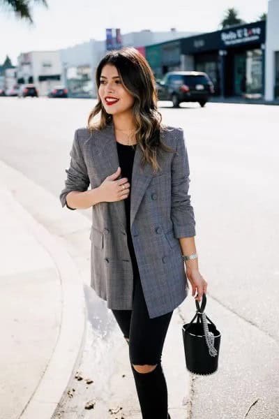 Grey Oversized Plaid Blazer with Black Ripped Skinny Jeans