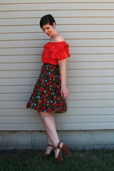 Red Ruffle Off Shoulder Blouse with High Waisted Floral Flared Midi Skirt