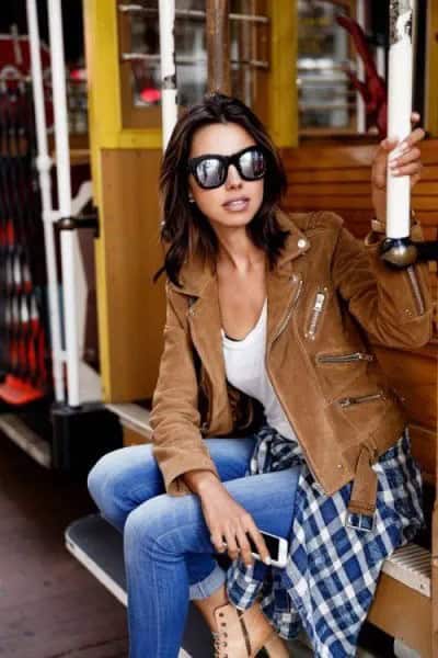 Tan Matte Leather Jacket with White Tank Top & Blue Jeans