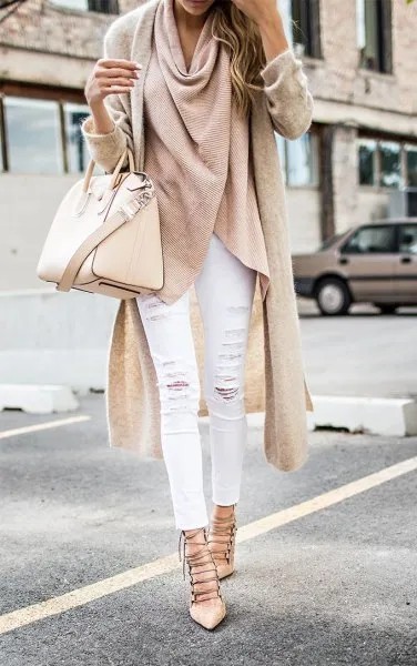 Pink Wool Longline Wrap Cardigan with White Ripped Jeans & Strappy Heels