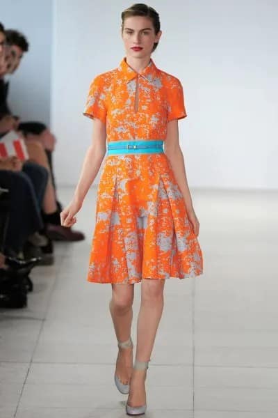 Orange Printed Collar Pleated Dress with Belt