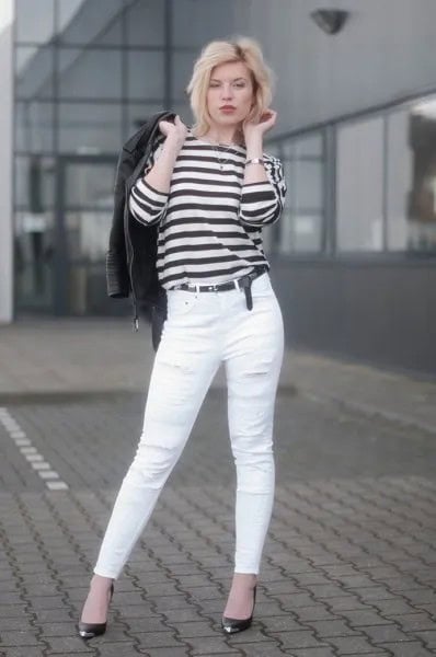 Black and White Striped Long Sleeve Tee with White Jeans