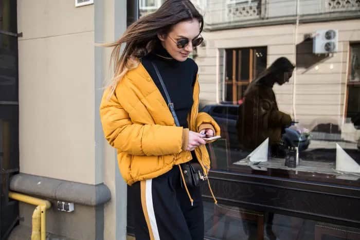 Yellow Puffer Jacket with Black Sweater & Jogger Pants