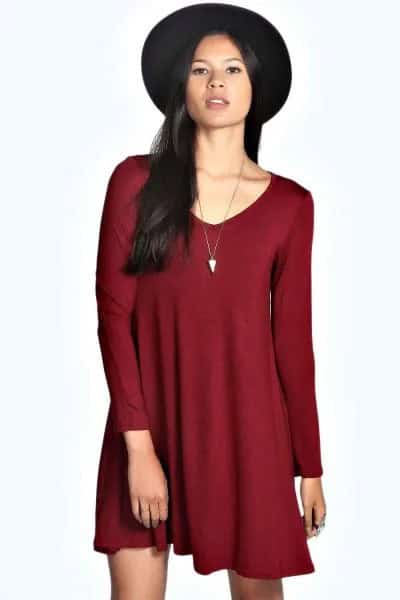 Burgundy Swing Dress with Black Felt Hat