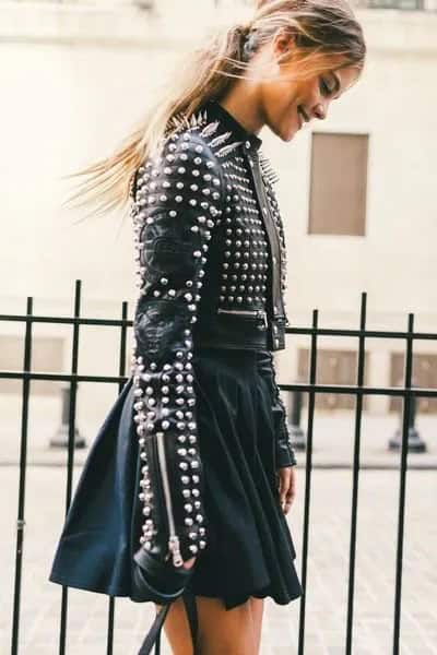 Black Studded Leather Jacket with Mini Skater Skirt