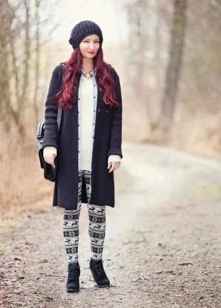 Black Wool Coat with Tribal Printed Leggings & Knit Hat