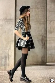 Black and White Polka Dot Blouse with Mini Plaid Skater Skirt