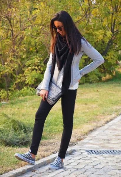 Grey Sweater with White Tee & Grey Canvas Shoes