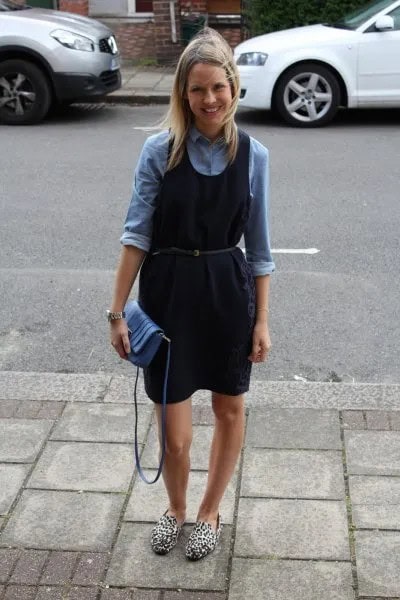 Denim Shirt with Navy Belted Dress