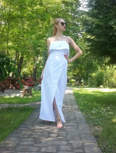 White Strapless Folded Shoulder Maxi Cotton Dress