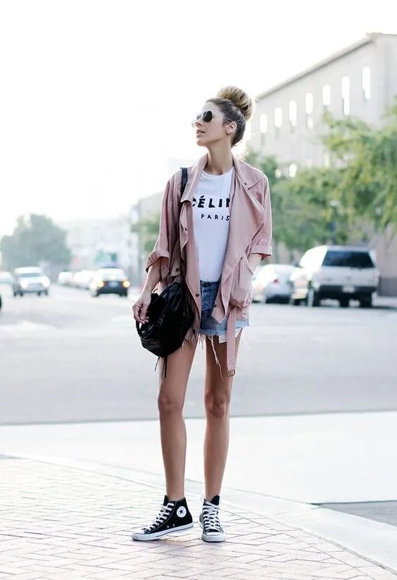 Black High Top Converse with Denim Shorts & Pink Jacket