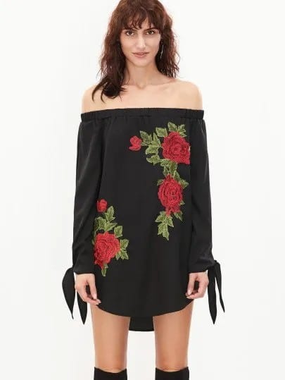 Black Off The Shoulder Rose Embroidered Mini Shift Dress