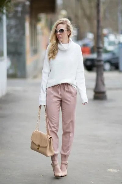 White Cowl Neck Pullover Sweater with Blush Pants & Heels