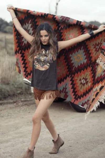 Black Print Tee with Brown Suede Fringe Shorts