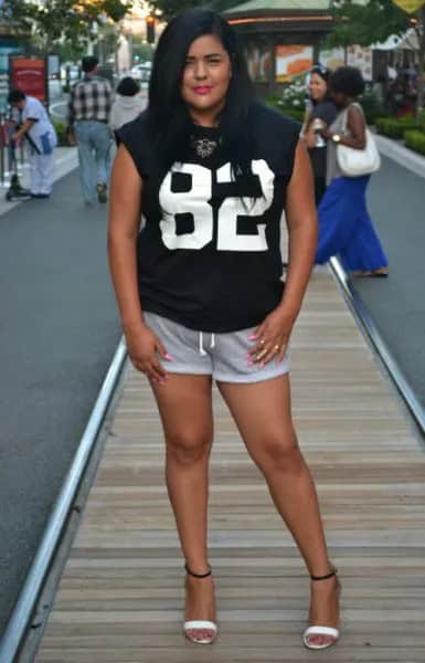 Black Printed Sleeveless T Shirt with Mini Grey Sweat Shorts