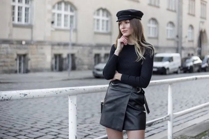 Leather Painter’s Hat with Long Sleeve Fitted Tee & Moto Wrap Mini Skirt