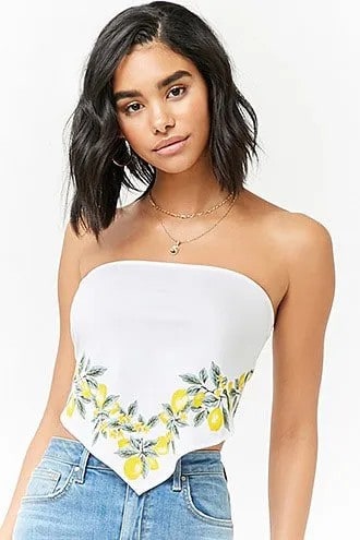 White Floral Printed Strapless Top with Blue Mom Jeans