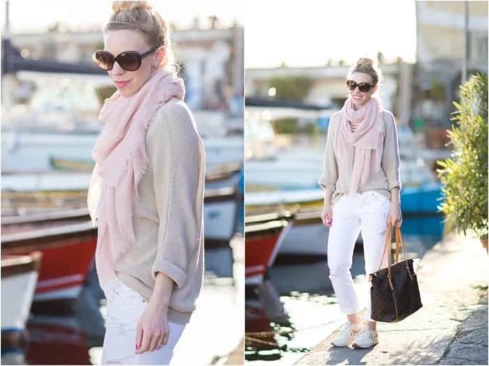 Pale Pink Pullover Sweater with Matching Scarf & White Pants