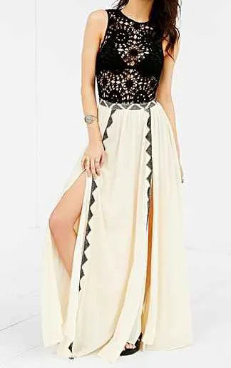 White Double Slit Maxi Skirt with Black and Silver Sequin Sleeveless Top