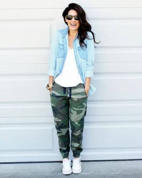 Light Blue Chambray Shirt with Camo Twill Jogger Pants