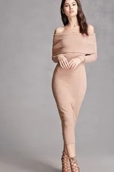 Pink Folded Shoulder Midi Bodycon Dress with Nude Heels