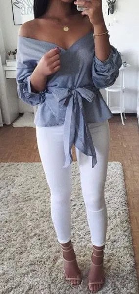 Grey Ribbon Front Off The Shoulder Blouse with Leggings & Open Toe Heels