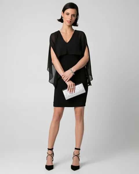 Black Semi-Sheer V Neck Cape Mini Dress