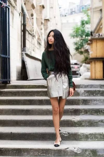 Dark Green Sweater with Silver Metallic Mini Wrap Skirt