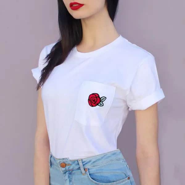 White Rose Printed Pocket Tee with Mom Jeans