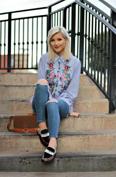 Navy and White Striped Embroidered Shirt with Black Loafers