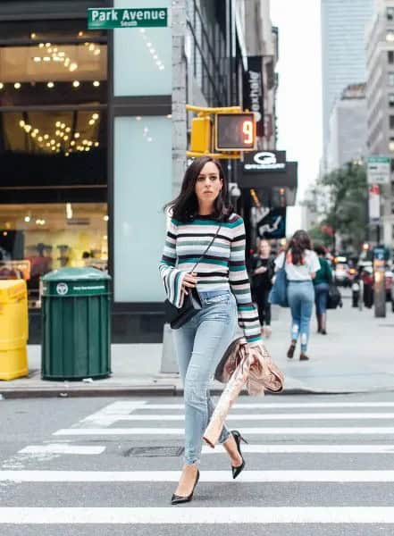 Blue and White Sweater with Light Blue High Rise Skinny Jeans