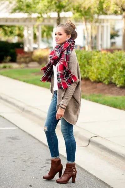 Grey Ribbed Sweater Cardigan with Red Plaid Scarf & Ankle High Heel Boots