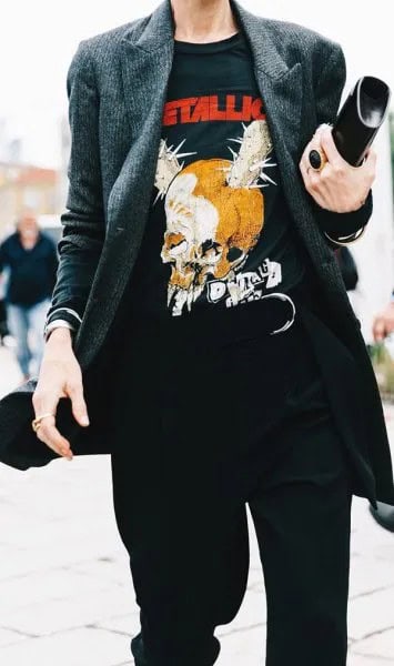 Black Retro Print Tee with Grey Tweed Jacket