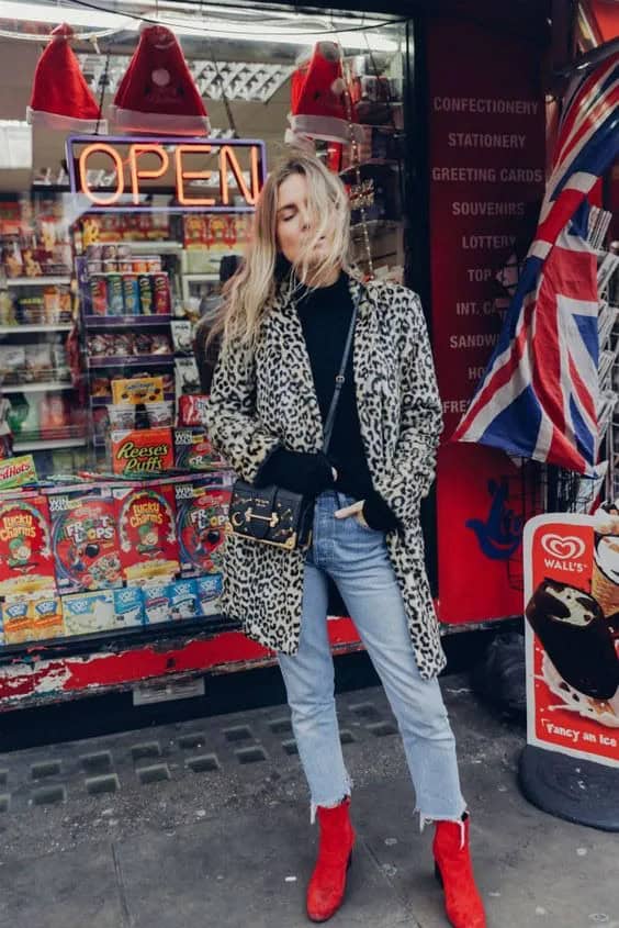 Animal Print Coat & Red Suede Boots